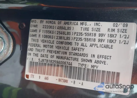2009 Acura Rdx z USA, uszkodzony, nr VIN 5J8TB18259A006744